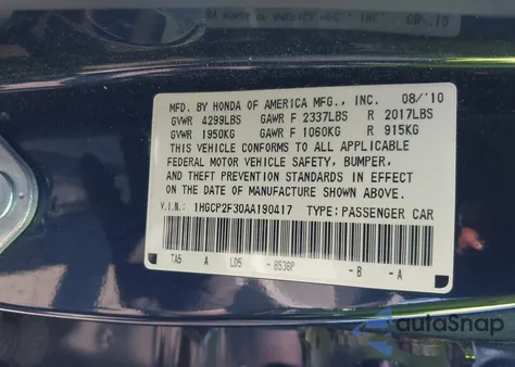 2010 Honda Accord 2.4 Lx from USA, damaged, VIN 1HGCP2F30AA190417